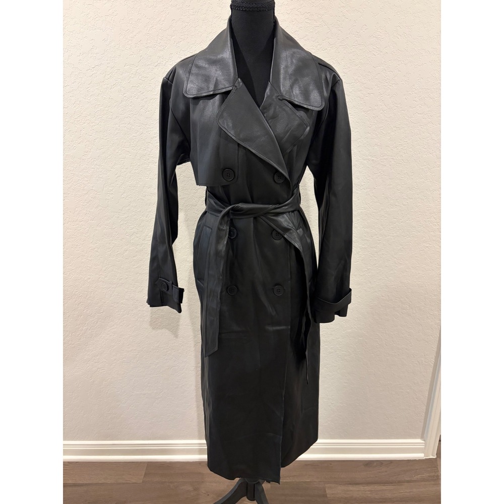 Forever 21 Black Faux Leather Double Breasted Trench Coat Longline Belted Jacket